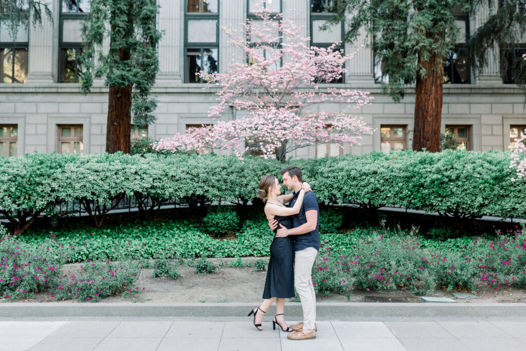 couple embracing in front of a cherry blossom tree in full bloom for their engagement session in Midtown Sacramento California by Sarah Schweyer Photography
